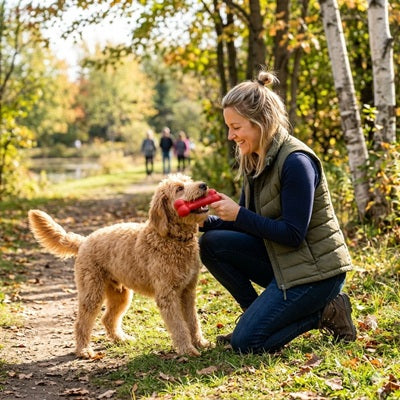 jouet pour chien kong os rouge labradoodle femme sentier automne
