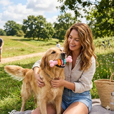 Jouet pour chien os rose Golden Retriever femme parc soleil