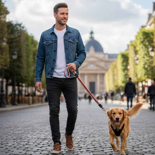 La laisse du chien homme promenade ville Paris golden retriever