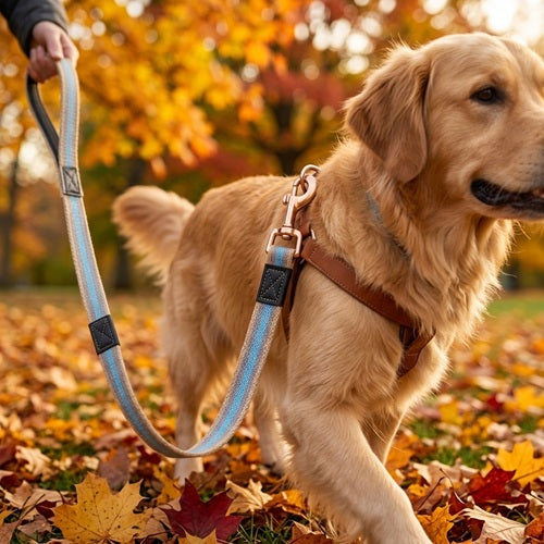 La laisse du chien réfléchissante automne feuilles golden retriever