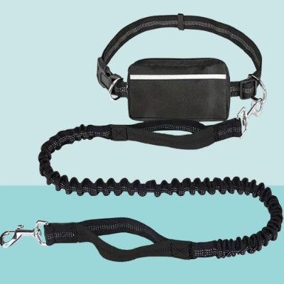 laisse chien main libre avec poingnees noires mousqueton metalique ceinture reglable et pochette pratique pour accessoires