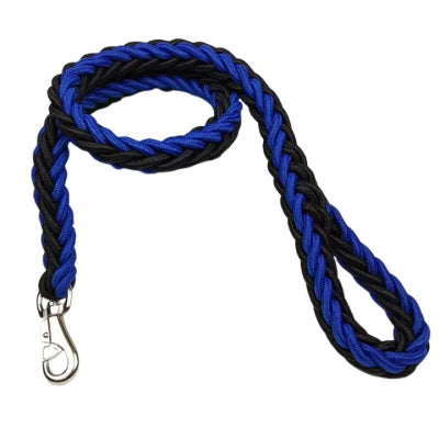 laisse chien noire et bleue avec poignee et mousqueton metalique argente