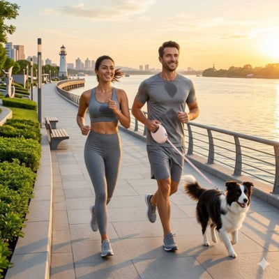 laisse de chien couple jogging bord mer coucher soleil Border Collie
