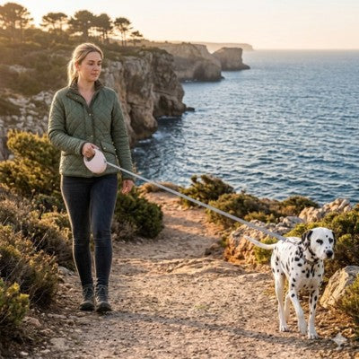 laisse de chien femme dalmatien falaise bord mer coucher soleil