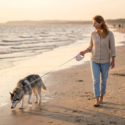 laisse de chien femme plage husky promenade pieds nus coucher soleil