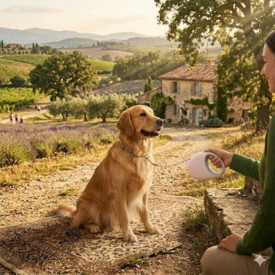 laisse de chien golden retriever assis campagne toscane coucher soleil