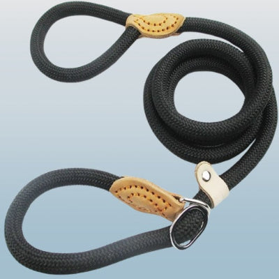 laisse de chien noire en corde epaisse avec anneaux metalliques et couture decorative beige