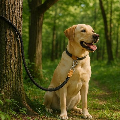 un chien assis calmement a cote d un arbre en foret attache avec une laisse de chien noire