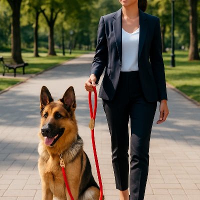 femme debout son chien assis a ses pieds attache a une laisse de chien rouge