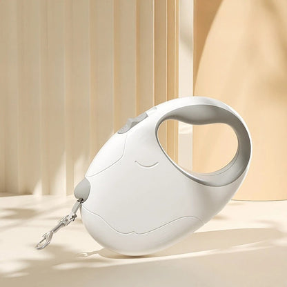 laisse de chien retractable blanche fond beige ombre lumière naturelle