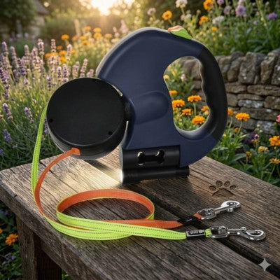 laisse double chien rétractable bleu marine bol distributeur jardin