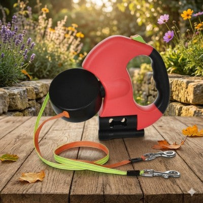 laisse double chien rétractable bol intégré rouge jardin