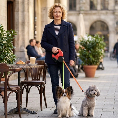 laisse double chien rétractable femme terrasse café ville rouge