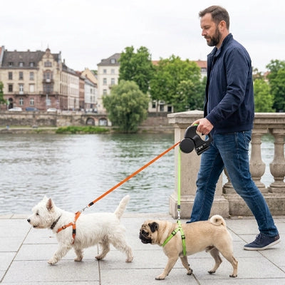 laisse double chien rétractable homme pont rivière westie carlin
