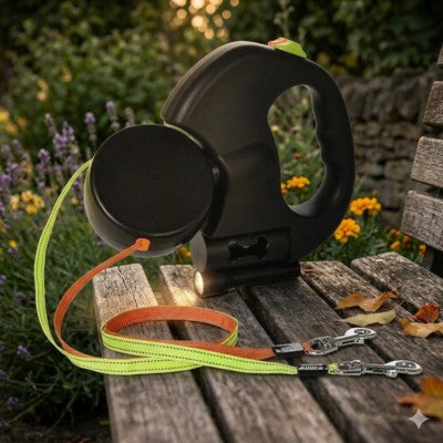 laisse double chien rétractable noire bol intégré banc jardin