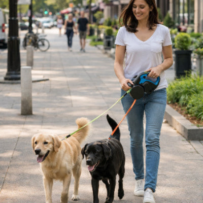 laisse double pour chien promenade ville labrador femme trottoir