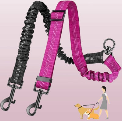 laisse double pour chien rose et noire avec mousquetons metaliques