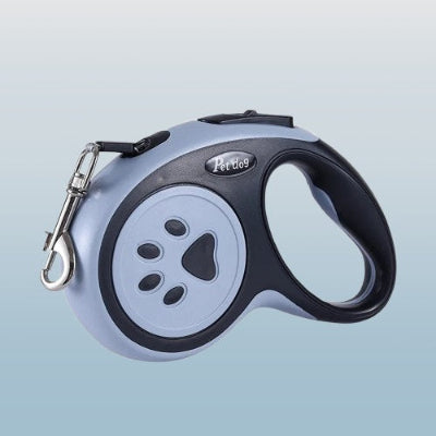 laisse enrouleur chien noir avec poignee ergonomique motif patte et mousqueton metalique