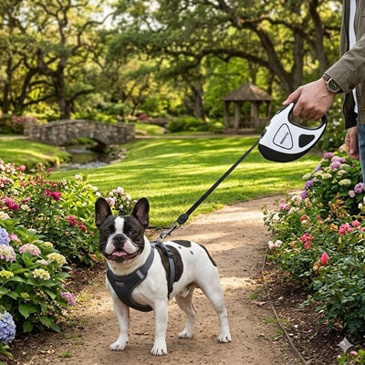 Laisse enrouleur gros chien bouledogue français parc fleurs balade