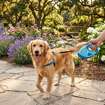Laisse enrouleur gros chien golden retriever bleu jardin fleurs balade