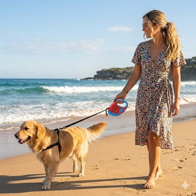 Laisse enrouleur gros chien golden retriever plage femme rouge 