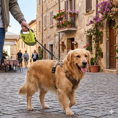 Laisse enrouleur gros chien golden retriever village toscan vert qqpets