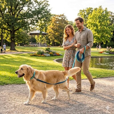 laisse longe chien golden retriever bleu couple parc promenade etang detente
