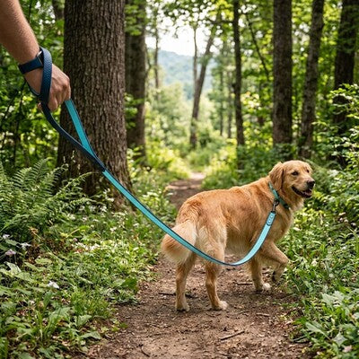 laisse longe chien golden retriever bleu foret randonnee nature sentier aventure
