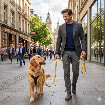 laisse longe chien golden retriever jaune promenade ville homme urbain elegant