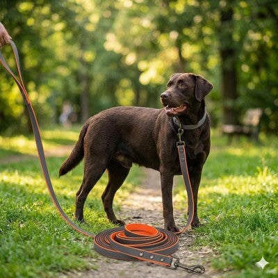 laisse longe chien labrador chocolat orange pvc impermeable parc balade nature