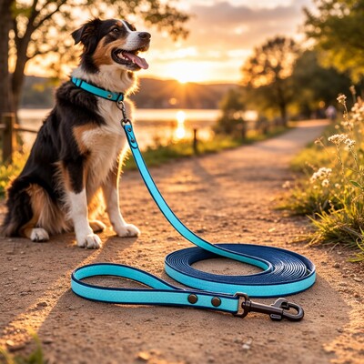 laisse longe chien pvc impermeable bleu balade coucher soleil berger australien
