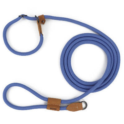 laisse main libre chien bleue en materiaux resistant equipee d anneaux et d attaches