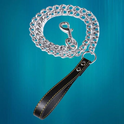 laisse pour chien chaine acier poignee cuir noir mousqueton rotatif