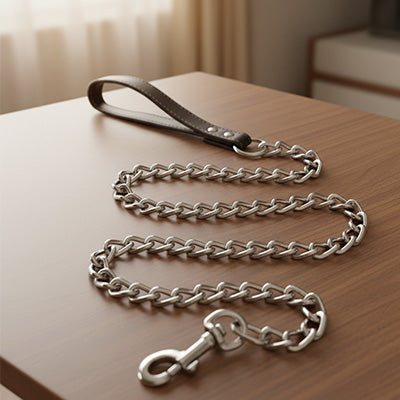 laisse pour chien chaine metal inox mousqueton poignee cuir premium