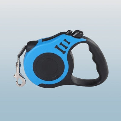 laisse pour chien enrouleur retractable bleue avec poignee ergonomique bouton de verrouillage et mousqueton metalique pour attacher au collier