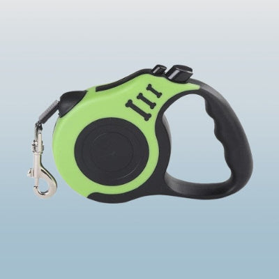laisse pour chien enrouleur retractable verte avec poignee ergonomique bouton de verrouillage et mousqueton metalique pour attacher au collier