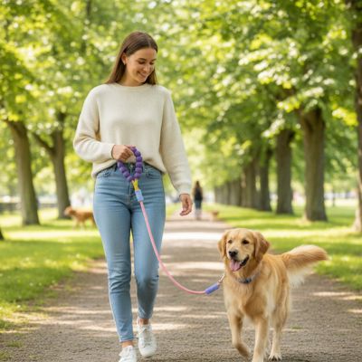 laisse pour chien femme promene golden parc arbre