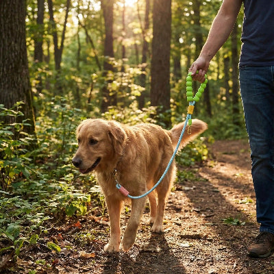laisse pour chien golden retriever promenade foret nature sentier