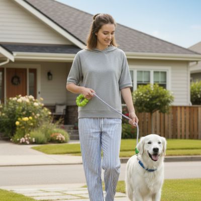laisse pour chien labrador blanc promenade femme jardin maison
