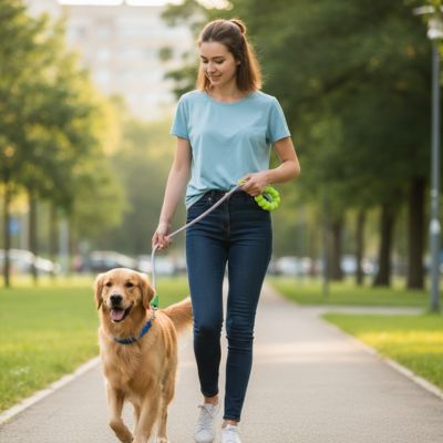 laisse pour chien promenade golden retriever femme parc