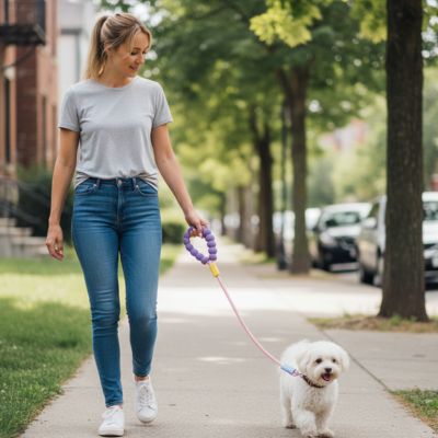 laisse pour chien promenade petit chien blanc femme ville