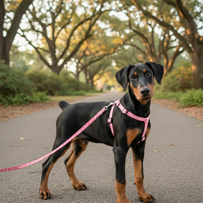 laisse pour chien rose doberman harnais assorti promenade parc automne