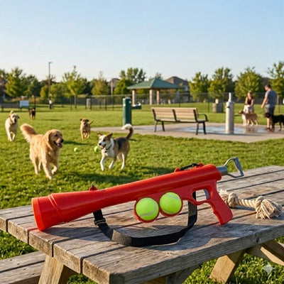Lance balle chien pistolet rouge parc golden retriever tennis extérieur