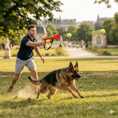 Lance balle chien rouge berger allemand homme parc France apport