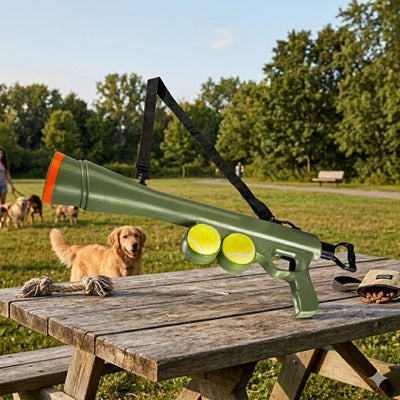 Lance balle chien vert parc golden retriever table tennis bandoulière