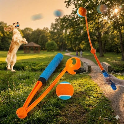 lanceur de balle chien balle orange bleue lancer coucher soleil