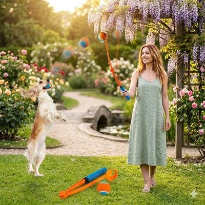 lanceur de balle chien femme jardin fleurs jeu après midi