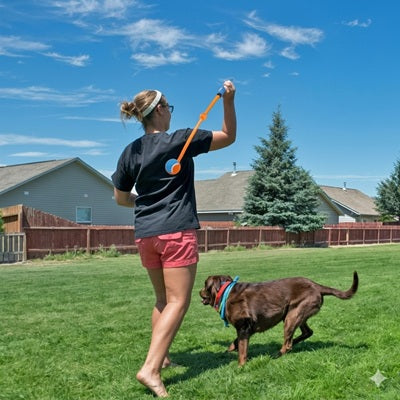 lanceur de balle chien labrador chocolat jardin été lancer