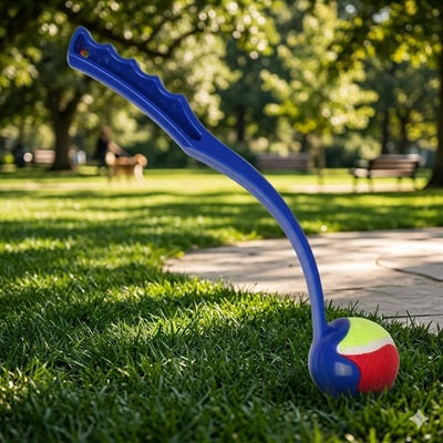 Lanceur de balle pour chien bleu balle tennis herbe parc