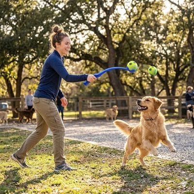 Lanceur de balle pour chien femme golden retriever parc canin